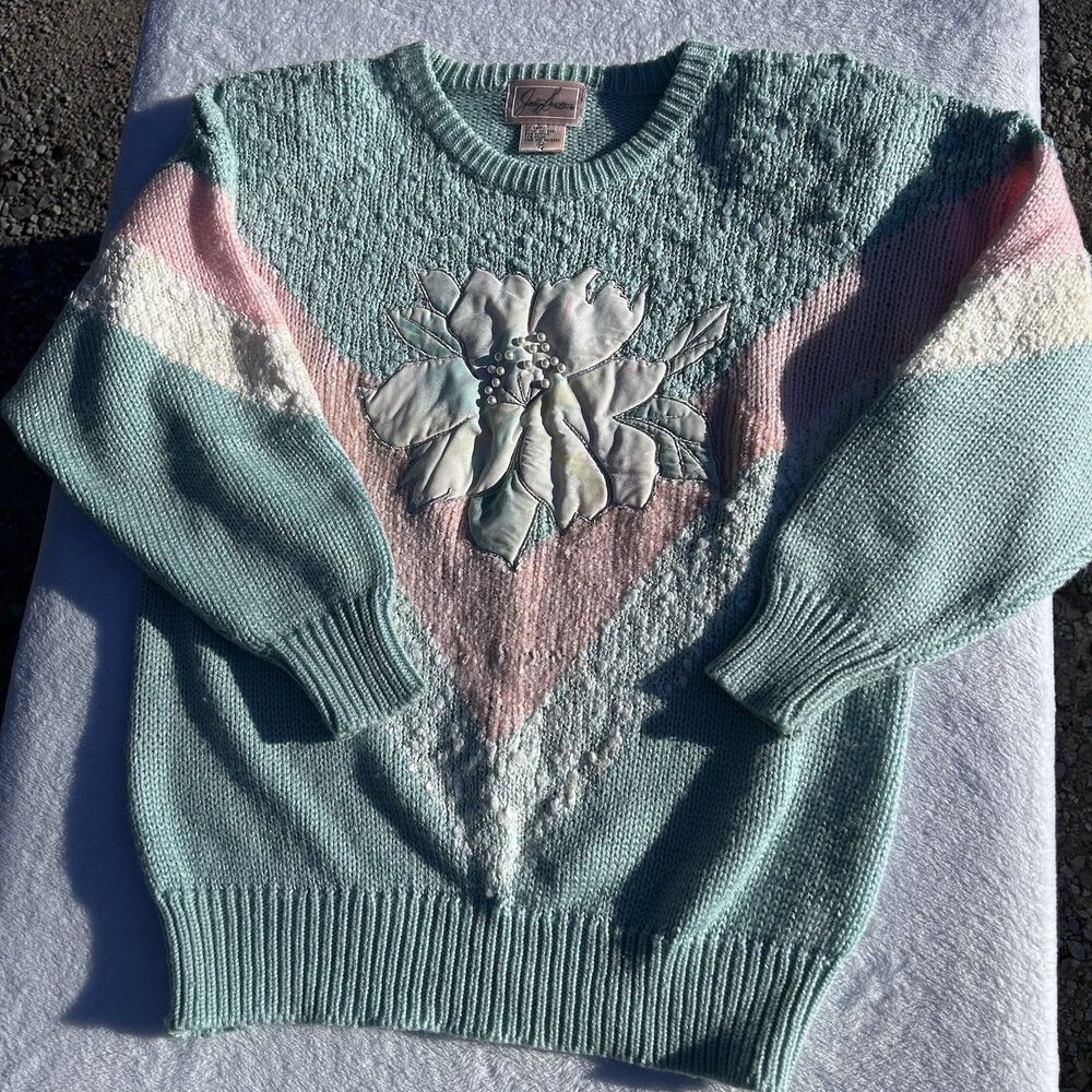 Vintage JaclynSmith Sweater Womens M Pastel Aqua Pink Floral Applique Pearl 80s